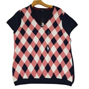 Tommy Hilfiger‎ Womens Argyle V-Neck Short Sleeve Sweater Navy Red A70334329 475